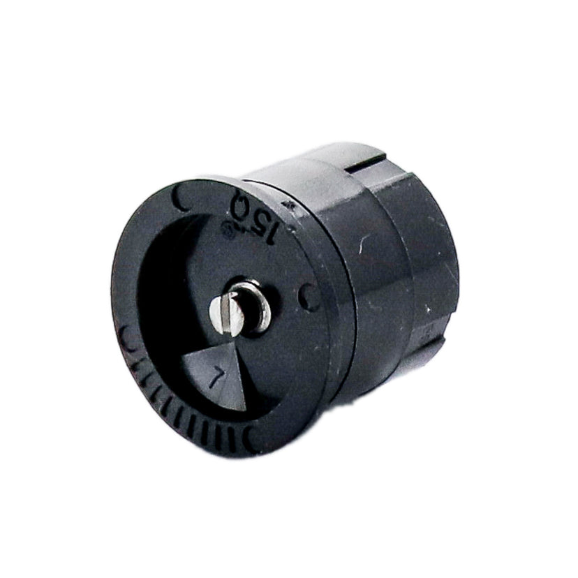 Rain Bird 15 ft. quarter-circle MPR nozzle photo highlighting top color-coding, radius designation, and nozzle outlet for long-radius turf coverage.