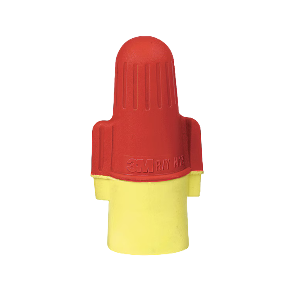 3M Performance Plus R/Y+ red and yellow twist-on wire connectors in an open box, 100 per box, rounded wing shell shown.