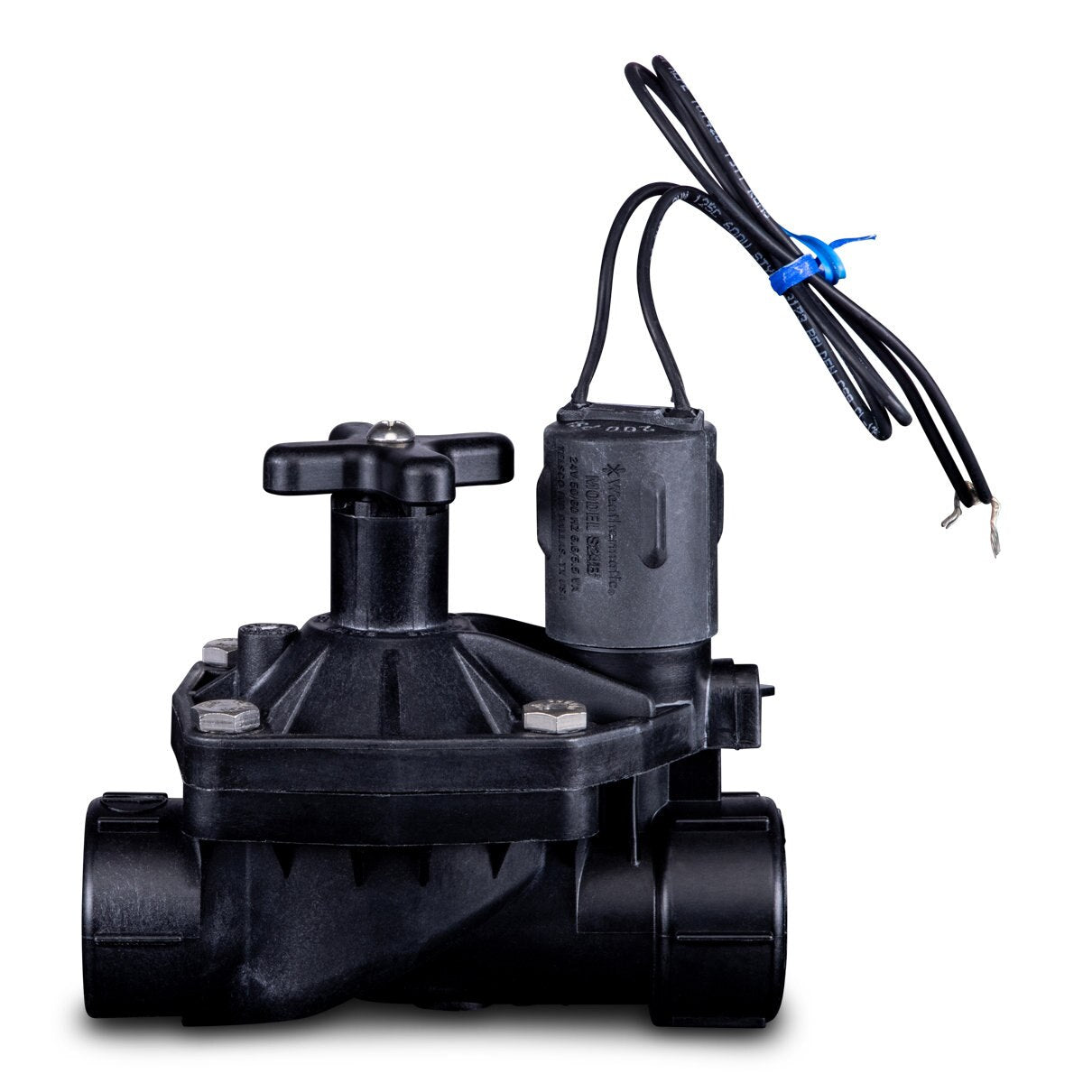 Front view of Weathermatic Black Max MAX-DW-10 1-inch irrigation valve with flow control and 24VAC solenoid, black glass-filled plastic body, brass inserts.