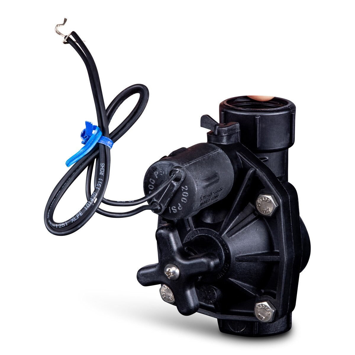 Side angle close-up of MAX-DW-10 showing stainless steel cover bolts, brass body inserts, and the integrated S24B 24VAC solenoid assembly in black finish.