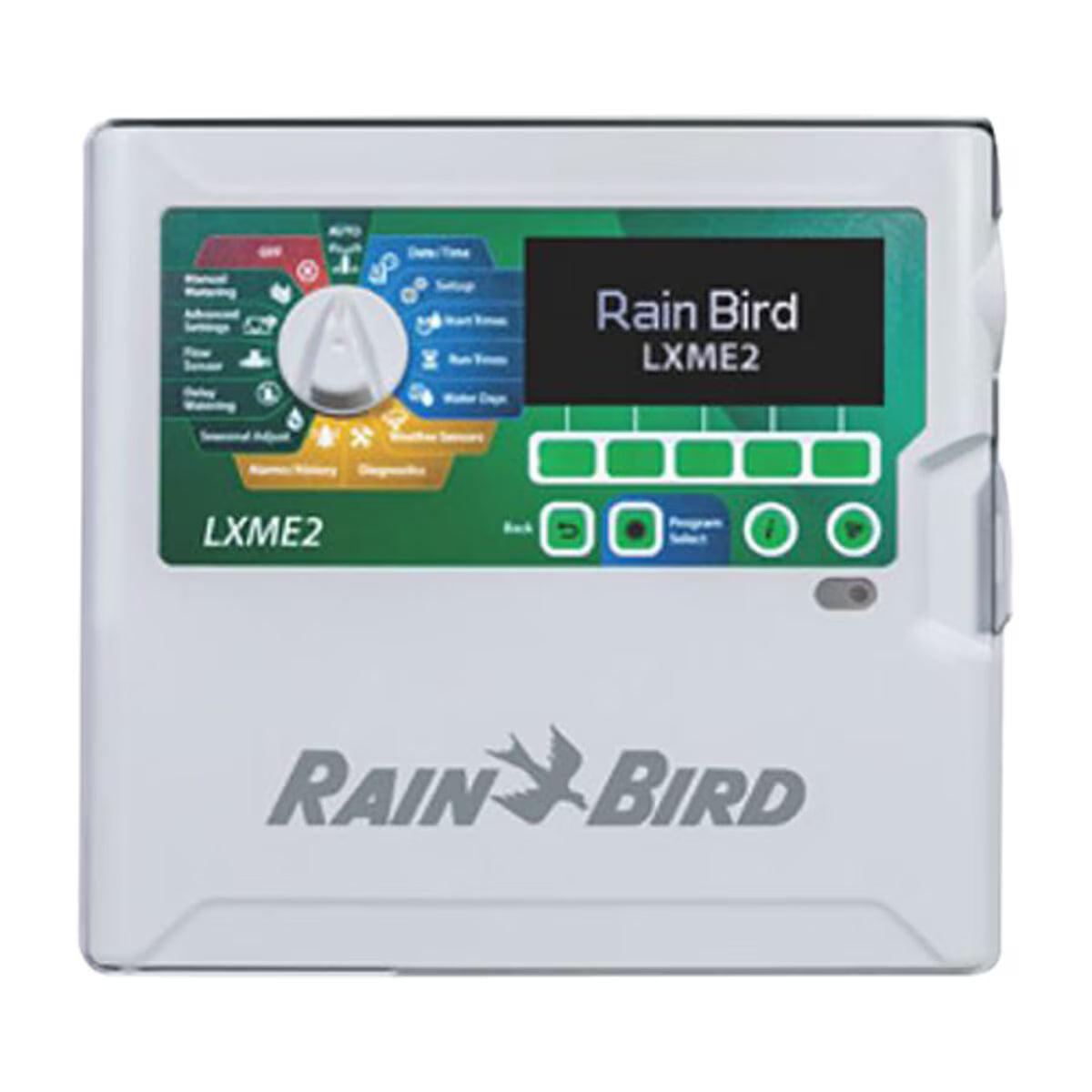 Rain Bird ESP-LXME2 12-station irrigation controller in plastic wall-mount enclosure with backlit LCD.
