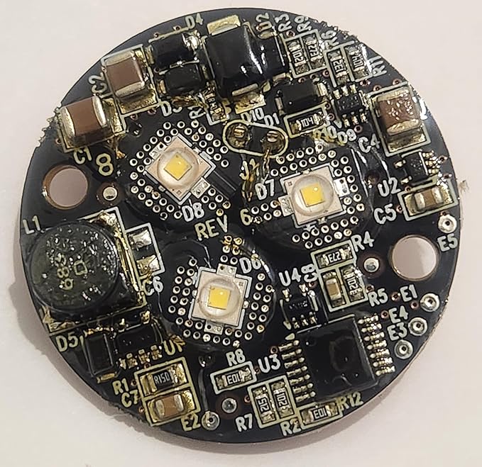 Product photo of FX 3LEDULKIT showing the 3‑LED replacement board with reflector and amber, green, blue color filters visible