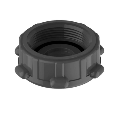 Angled close-up of the Schedule 80 PVC manifold cap (1 in) highlighting the buttress thread form and O-ring lock feature for tool-free installation.