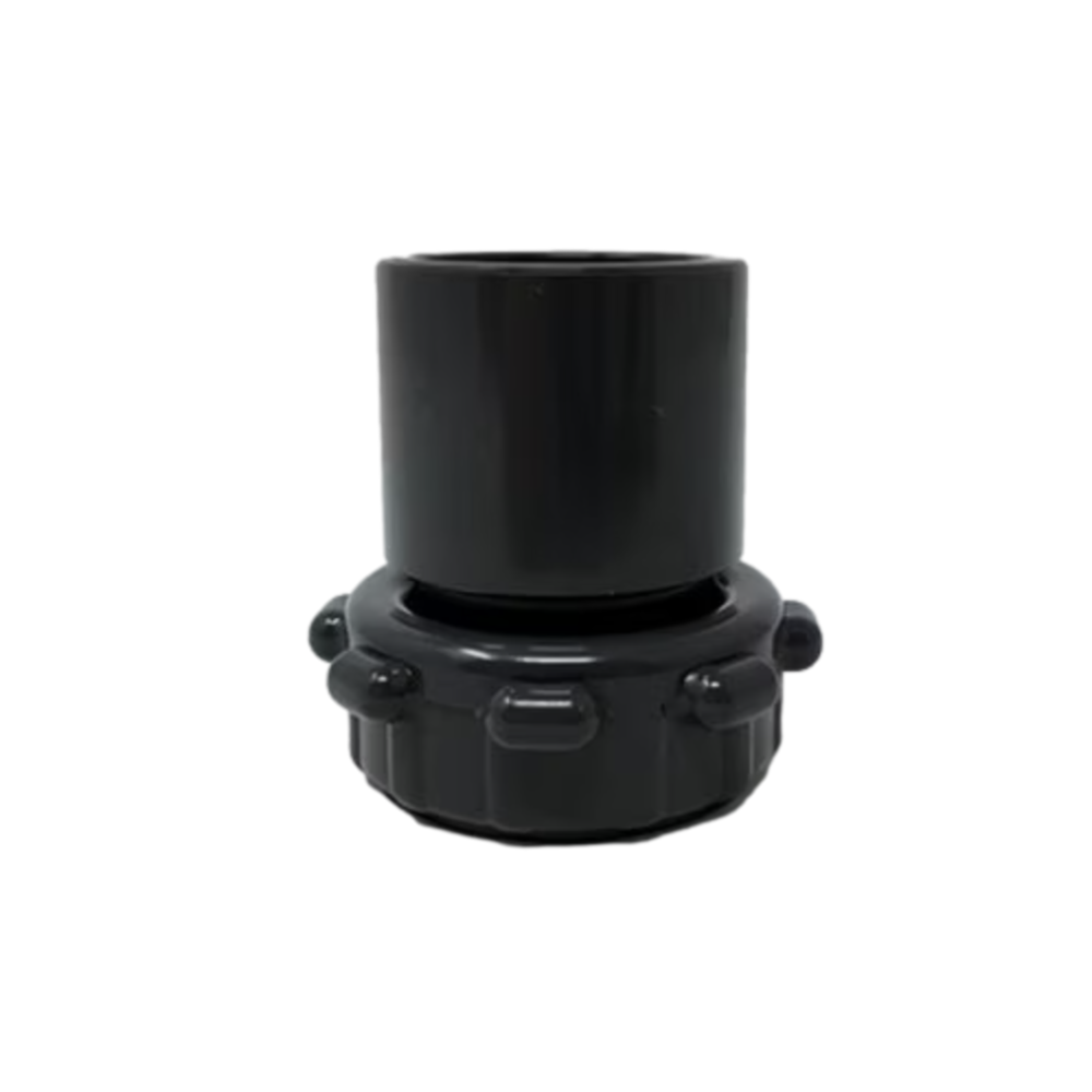 Action Machining 18-012 Schedule 80 PVC manifold adapter showing 1-1/4-inch spigot, 1-inch slip socket, o-ring seating and buttress threads.