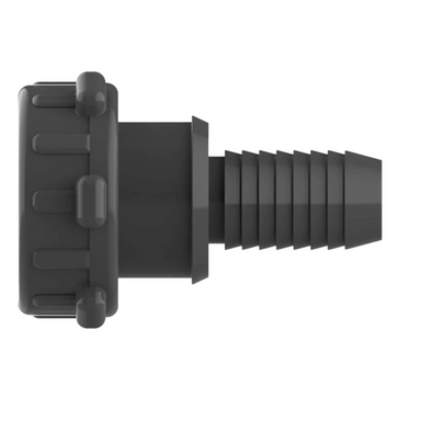Angled view of the Schedule 80 PVC barb insert adapter by Action Machining, highlighting buttress thread profile and O-ring sealed manifold connection.