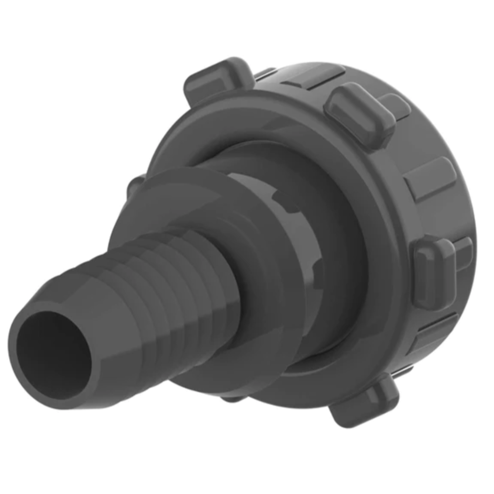 Close-up of Action Machining barb insert x manifold adapter showing barb detail, manifold thread and molded Schedule 80 PVC construction.