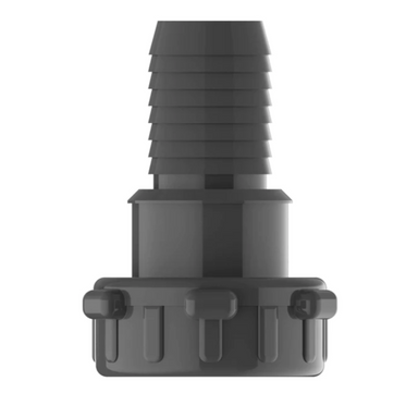 Front view of Action Machining barb insert manifold adapter made from Schedule 80 PVC, showing 1-inch barb insert and MIPT manifold threads for irrigation systems.