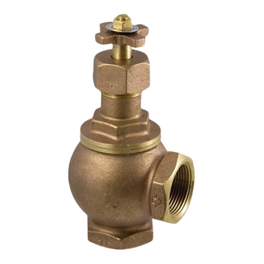 Aqualine AV-100 brass angle valve, 1-inch FIPT connection, less-union body and cross handle, front view.