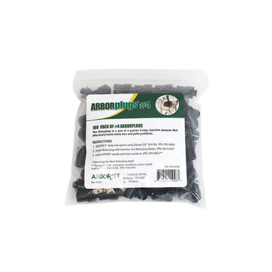 Front product image of ArborJet Arborplug pack (100 count) highlighting the black-cap plug design and surgical septum used for trunk injection systems.