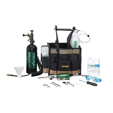Arborjet QUIK-jet AIR kit with QUIK-jet device, air tank, supply bottle, drill bits, safety glasses, and carrying bag.