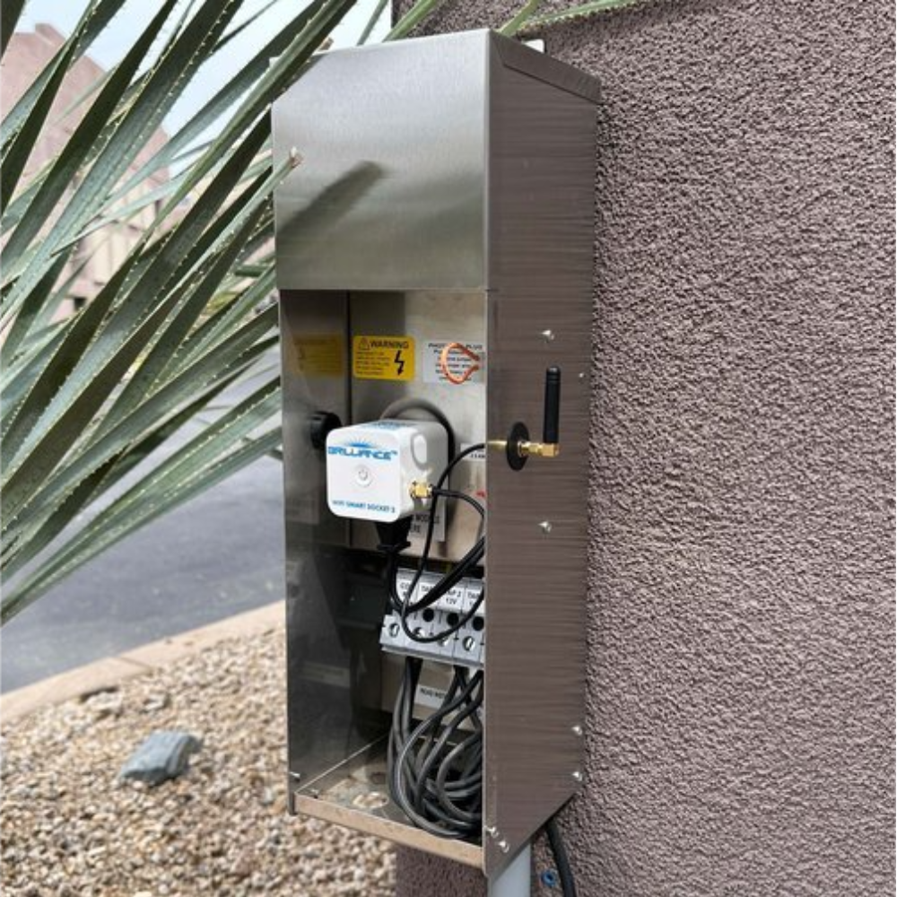 Top and rear view of Brilliance Wi-Fi Smart Socket 3.0 with visible QR code, antenna connection, and 120VAC plug interface for installation.