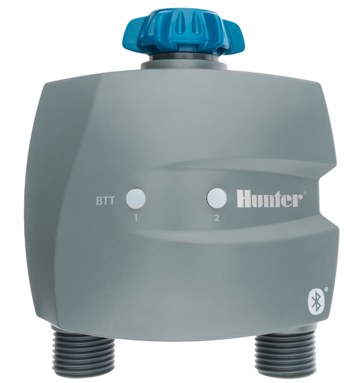 Hunter BTT-200 two-zone Bluetooth tap timer displayed with dual outlet ports and hose-thread inlet for multi-zone watering.