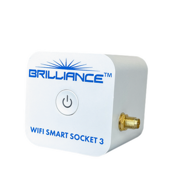 Side and angled view of Brilliance Wi-Fi Smart Socket 3.0 illustrating antenna placement and compact form factor for transformer installations.
