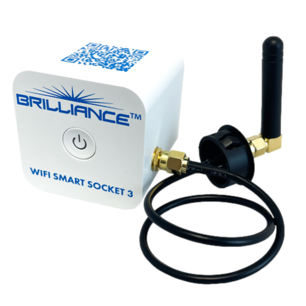 Brilliance Wi-Fi Smart Socket 3.0 shown with antenna and QR code on top, ready to plug into a landscape transformer (front view).