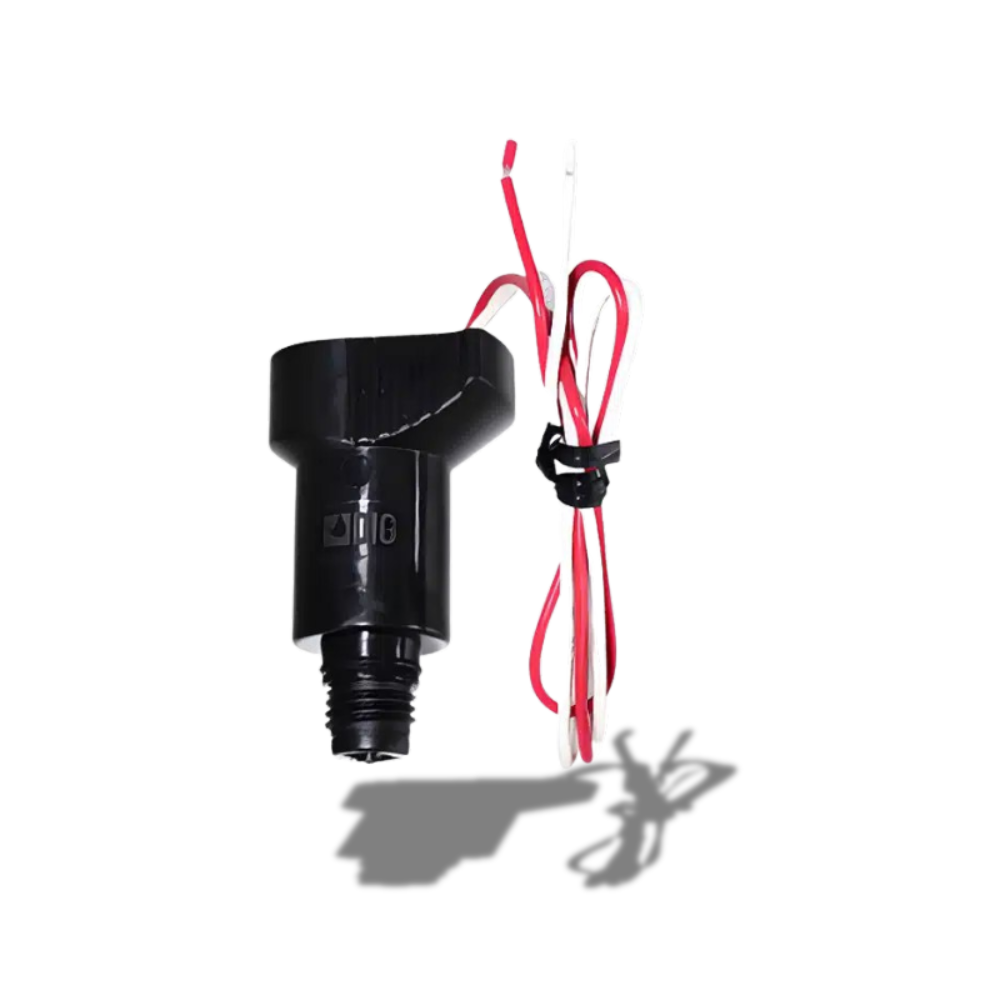 DIG LEMA1700S solenoid actuator with 11/16-12 thread, potted waterproof housing and two color-coded lead wires.