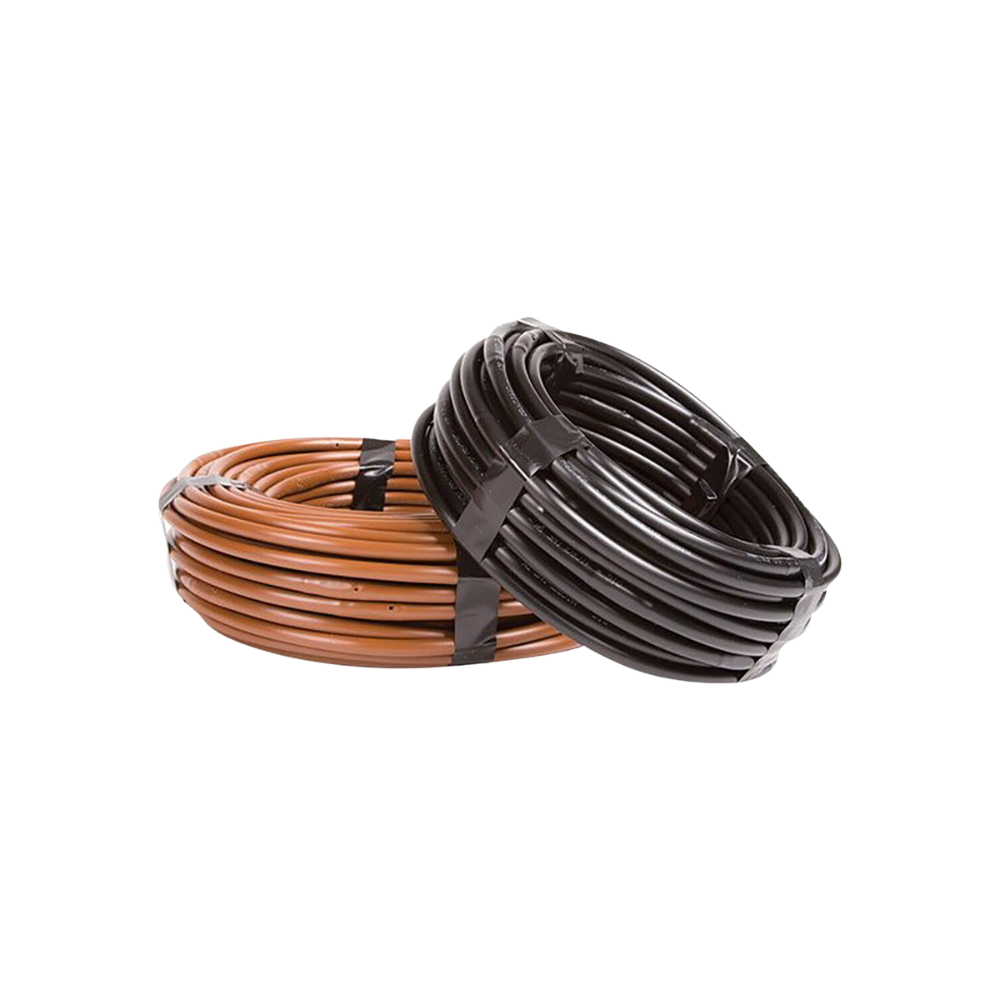 Coiled brown 1/4 in. Microline dripline on white background showing 6 in. emitter spacing and tubing profile for irrigation use.
