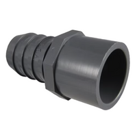 Close-up of DURA 1 in. poly insert fitting adapter showing spigot-to-insert connection and smooth PVC body.
