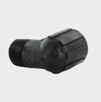 Gray Marlex HDPE 90-degree street elbow reducing 3/4 in MPT to 1/2 in FPT, threaded irrigation fitting, front view