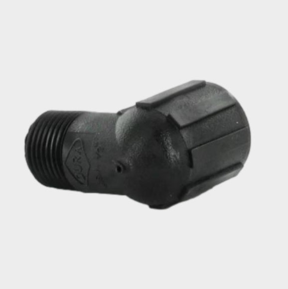 Gray Marlex HDPE 90-degree street elbow reducing 3/4 in MPT to 1/2 in FPT, threaded irrigation fitting, front view