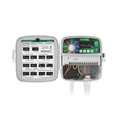Product lineup graphic showing Rain Bird ESP-TM2 series controllers (4, 6, 8, 12 stations) and compatibility with the LNK2 WiFi module for remote control.