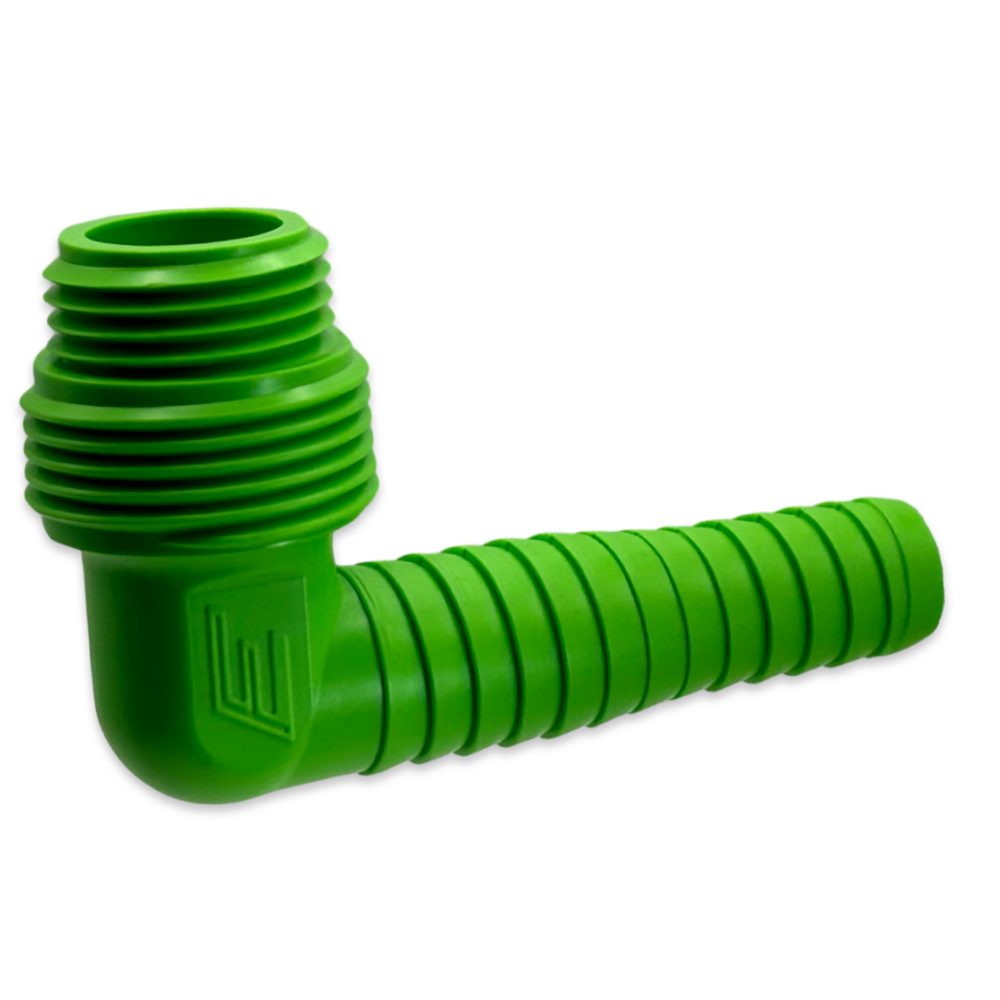 Bright green KFIT-IT 4-in-1 universal sprinkler fitting shown on white background, highlighting threaded inlet and overall profile for installer use.