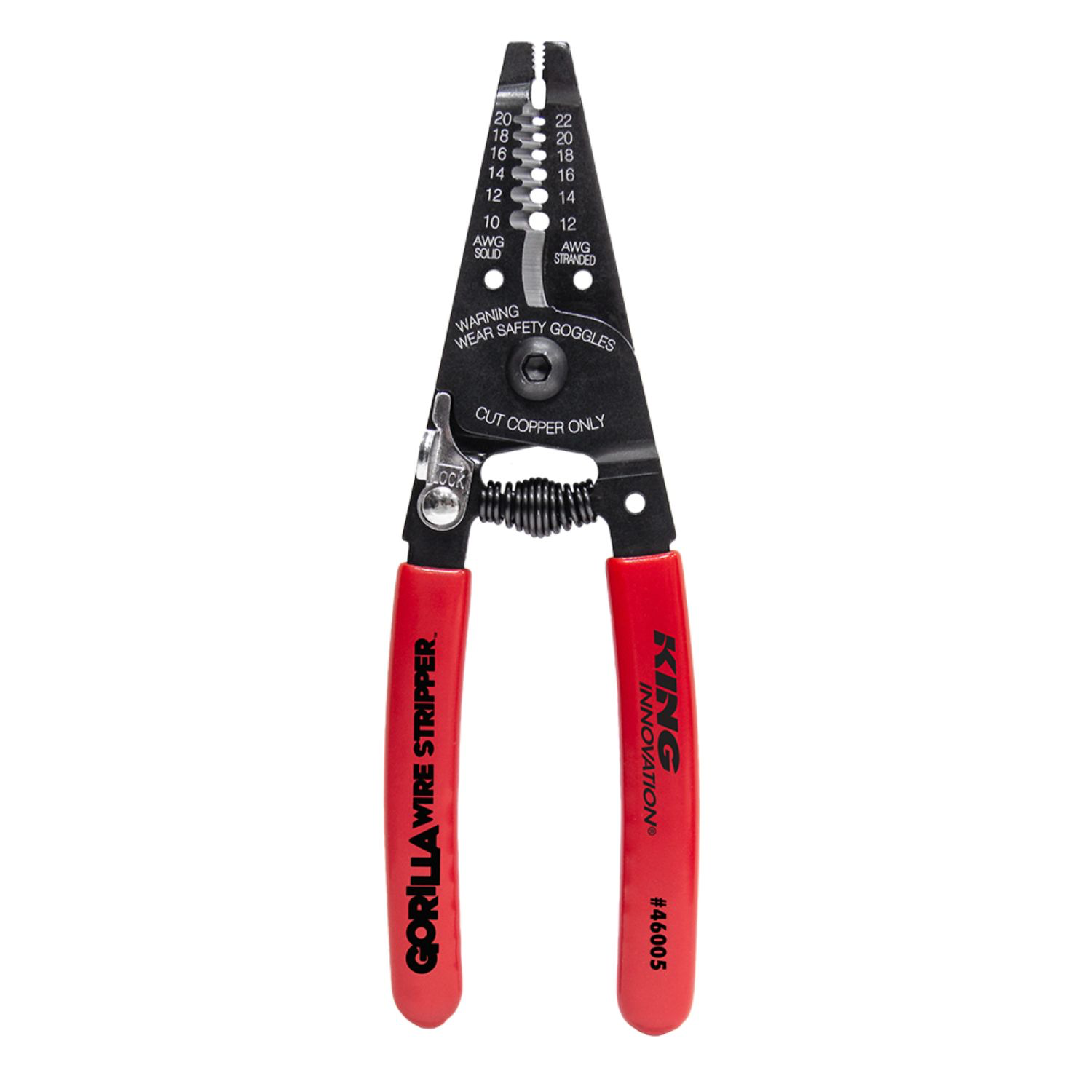 King 46005 Gorilla wire stripper — non-slip handles, handle lock, serrated plier nose, precision stripping nests. 20–10 AWG.