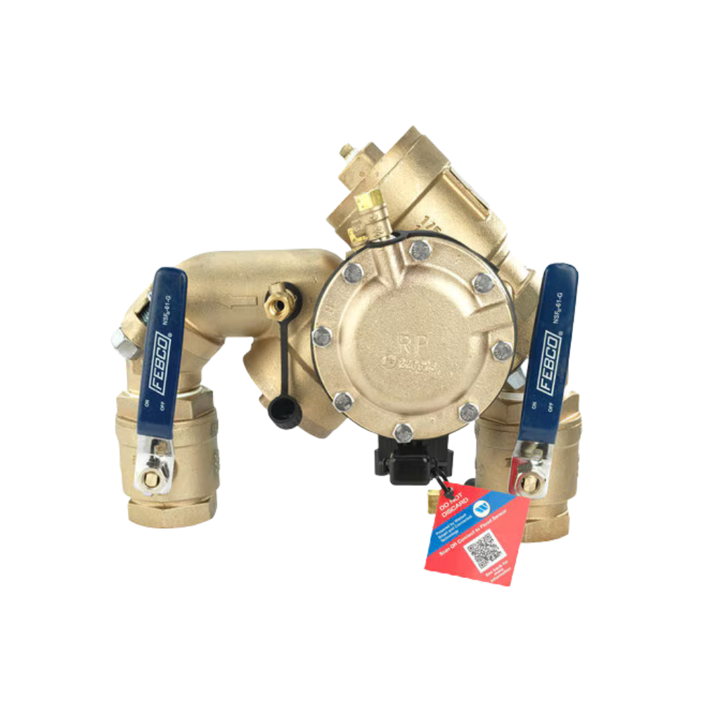 Front view of FEBCO 825YA 2 in. bronze angle reduced pressure zone assembly with ball valves