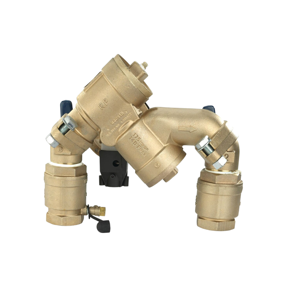 Side view of FEBCO F825HYA showing angle union connections and relief valve with flood sensor