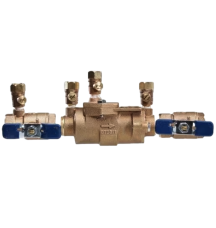 FEBCO 850 Series 1-1/2 inch bronze double check valve assembly, showing bronze body, ball valves, and test cocks.
