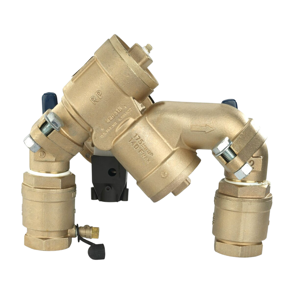 Detail photo of FEBCO 825YA RPZ assembly highlighting ball valves and external flood sensor