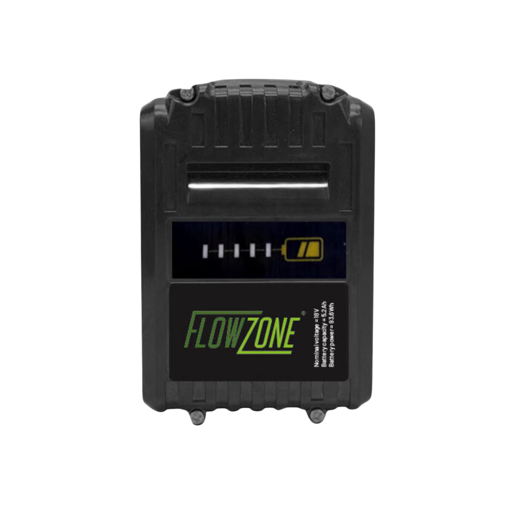 FlowZone FZAAEM 18V 5.2Ah lithium-ion battery pack for Typhoon and Monsoon sprayers, showing LED charge indicator and front casing.