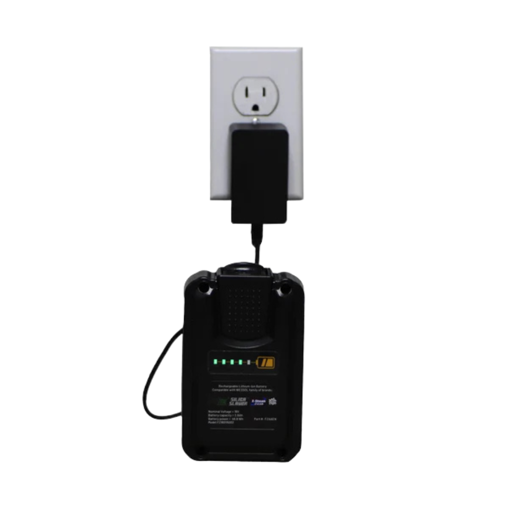FlowZone Li‑Ion battery charger with cable coiled beside unit, black plastic housing and connector visible.