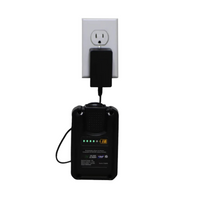 FlowZone Li‑Ion battery charger with cable coiled beside unit, black plastic housing and connector visible.