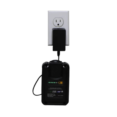 FlowZone Li‑Ion battery charger with cable coiled beside unit, black plastic housing and connector visible.