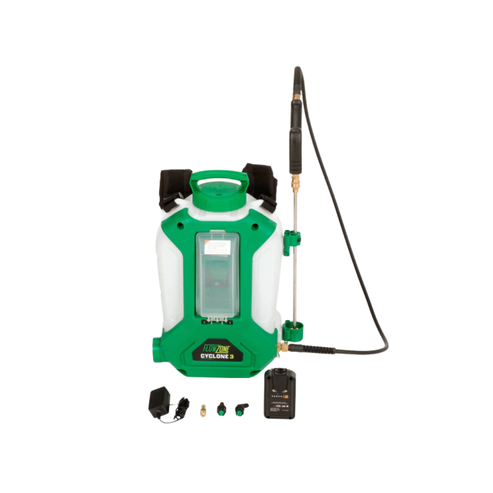 FLOWZONE Cyclone 3 4-gallon battery backpack sprayer photographed at three-quarter angle showing translucent tank, padded straps, wand holster, and quick-connect nozzle set.