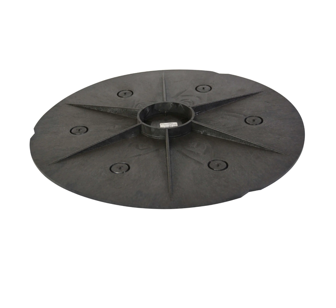 Front view of NDS FWBP24 24-inch Flo-Well bottom panel in black HDPE, showing center knockout and six leaching ports.