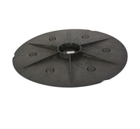 Front view of NDS FWBP24 24-inch Flo-Well bottom panel in black HDPE, showing center knockout and six leaching ports.