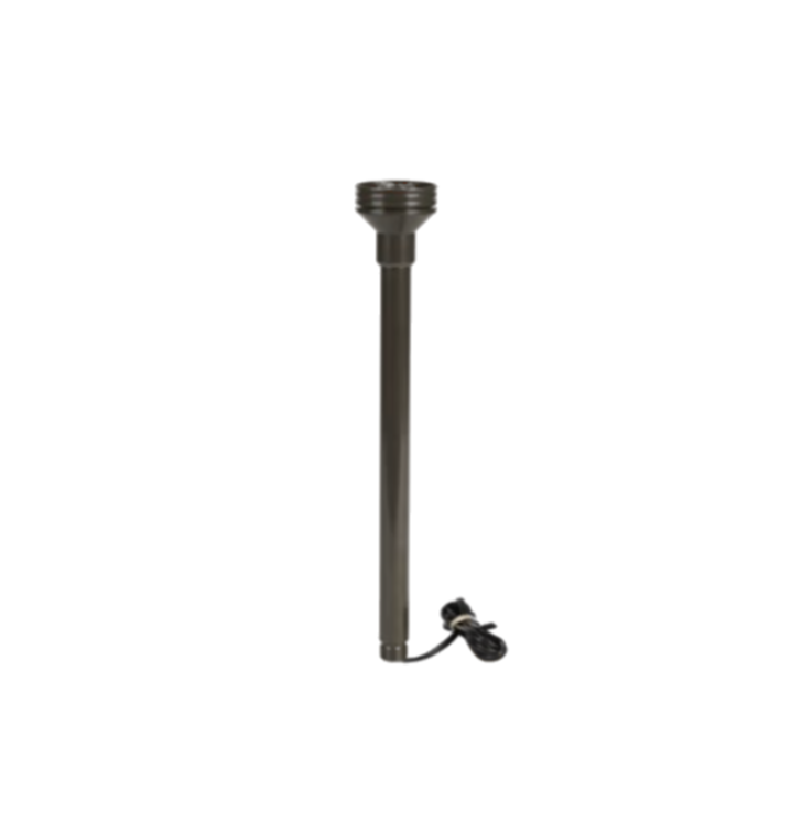 FX 12-inch LED landscape riser in aluminum-bronze finish, integrated 2W 2700K LED, die-cast body shown mounted for pathway lighting.