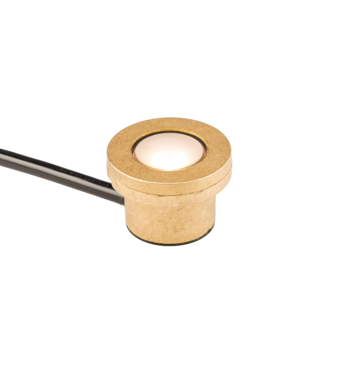 FX Luminaire LP 3-LED underwater light in natural brass, front view showing die-cast housing, lens and tumbled finish for landscaping.