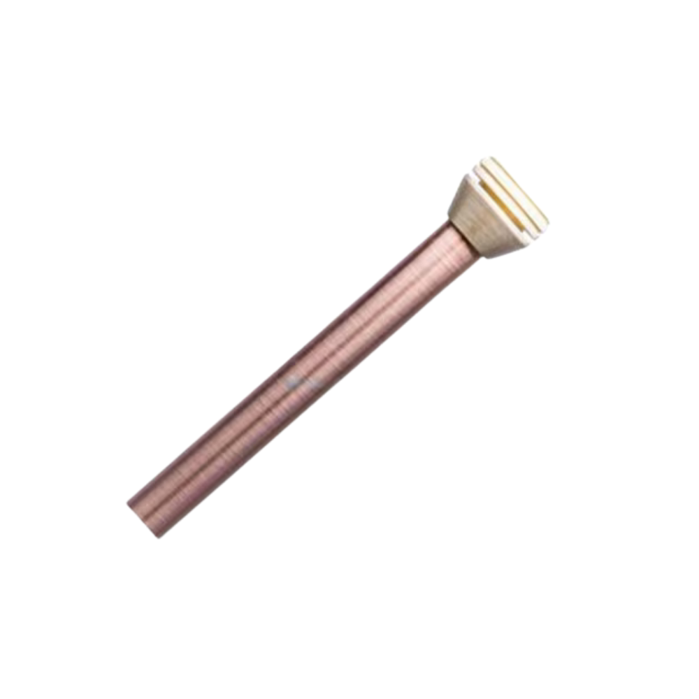 Front view of FX Petite Riser 18-inch in Bronze Metallic showing spun copper top, slim extruded riser and mounting spike on white background, product detail.