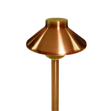 FX DL path light in natural copper finish with 18-inch riser, showing warm light output, copper body detail, and frosted lens for soft illumination.