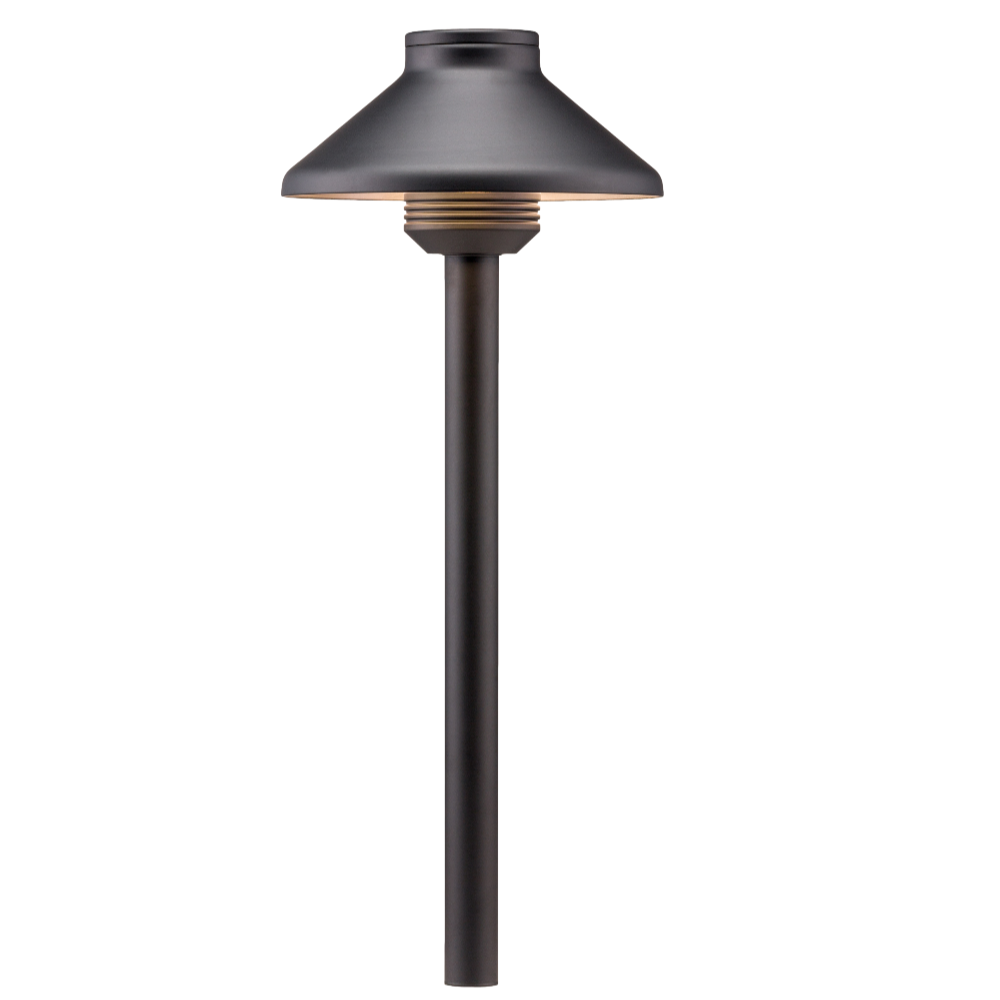 FX DL path light in flat black finish with 18-inch riser, angled view showing housing, frosted sandblasted lens, and landscape spike mounting hardware.
