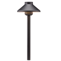 FX DL path light in flat black finish with 18-inch riser, angled view showing housing, frosted sandblasted lens, and landscape spike mounting hardware.