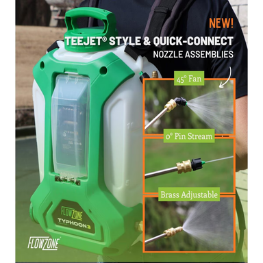 Side view of Flowzone Typhoon 3 backpack sprayer showing comfort straps, wand holster, and control dial