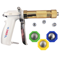 Front view of GNC Mag-I Do-All spray gun kit with three colored lawn shower nozzles and multiple metal tips.