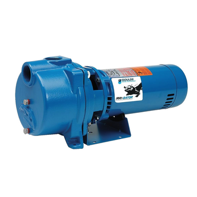 Goulds GT15 self-priming centrifugal pump with cast-iron housing, glass-filled Noryl impeller, 1-1/2 HP motor and 1-1/2 inch NPT ports, front view.