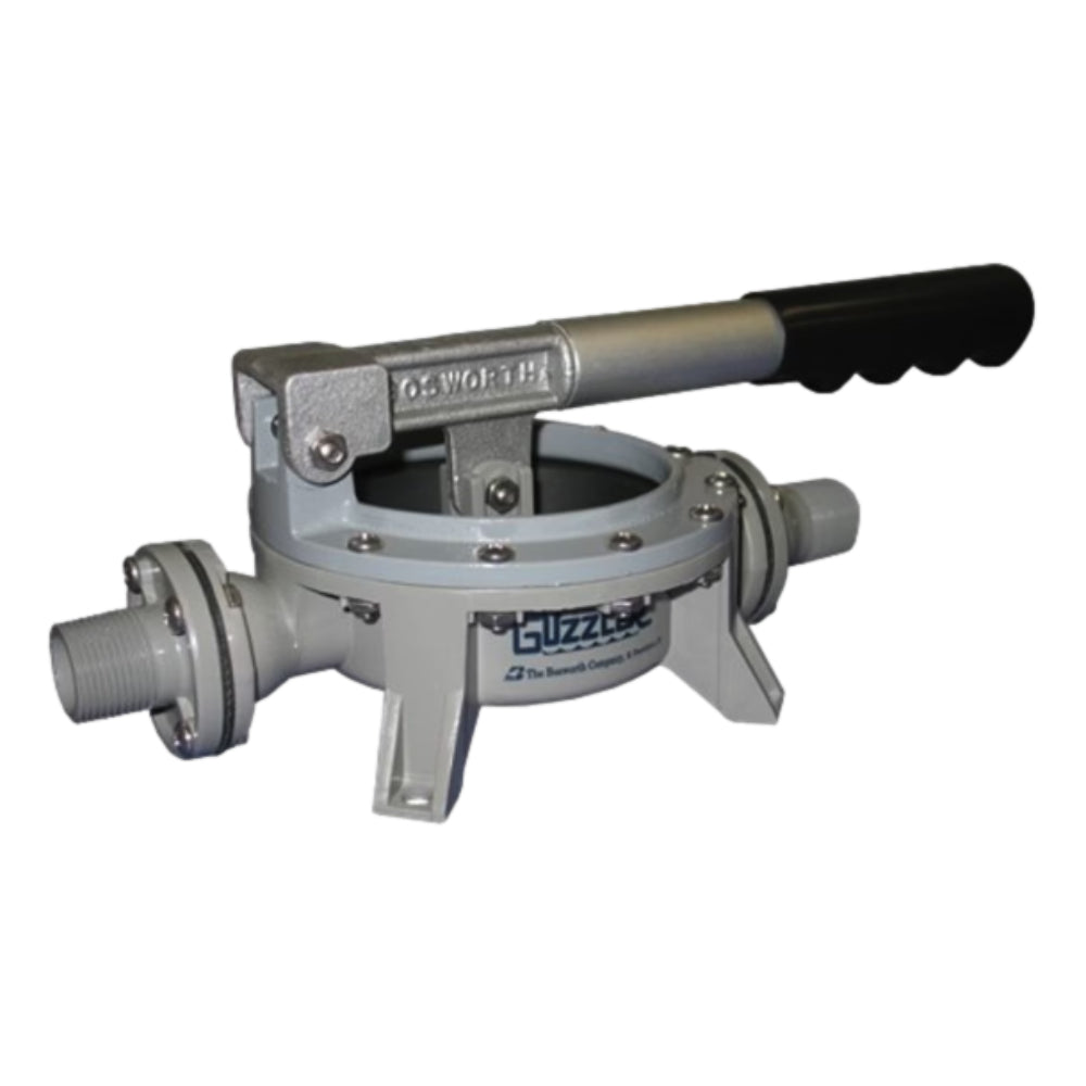 Guzzler G400-H34M manual transfer pump with 3/4-inch threaded fitting, acetal body, and adjustable clamp ring for positioning.