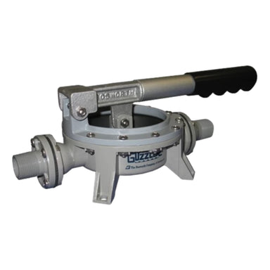 Guzzler G400-H34M manual transfer pump with 3/4-inch threaded fitting, acetal body, and adjustable clamp ring for positioning.