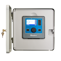 Hunter ACC2 12-station stainless steel wall-mount controller with hinged door open, visible display and controls, and corrosion-resistant exterior finish for harsh sites.