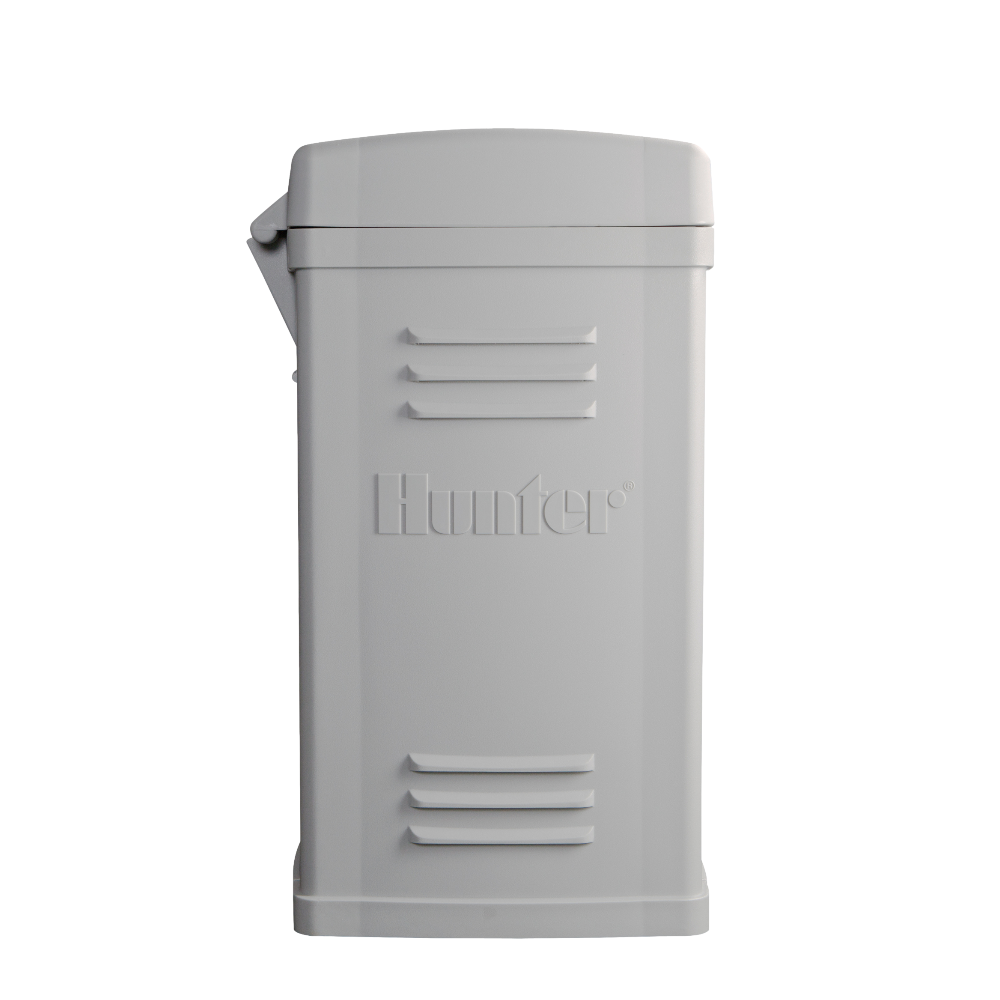 Hunter ACC2 decoder 75-station assembly mounted on a plastic pedestal, showing decoder module, pedestal base, wiring harness, and external antenna connector.